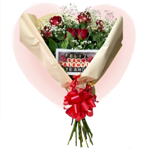 Ramos de 6 rosas con mensaje de chocolate